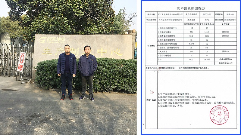 家具廠水性漆廢水處理效果好，京上環保人員與客戶合影